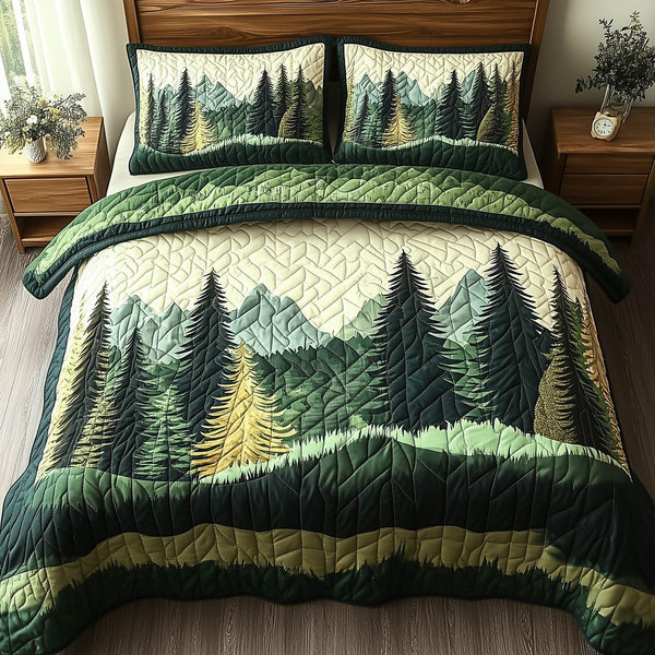 Forest Charm quilted 3-piece bedding set on a made bed with two matching pillow shams