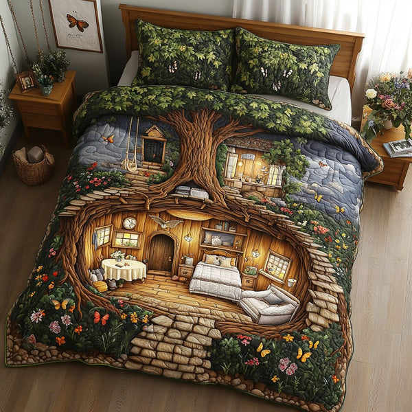Forest Charm quilted 3-piece bedding set on a made bed with two matching pillow shams