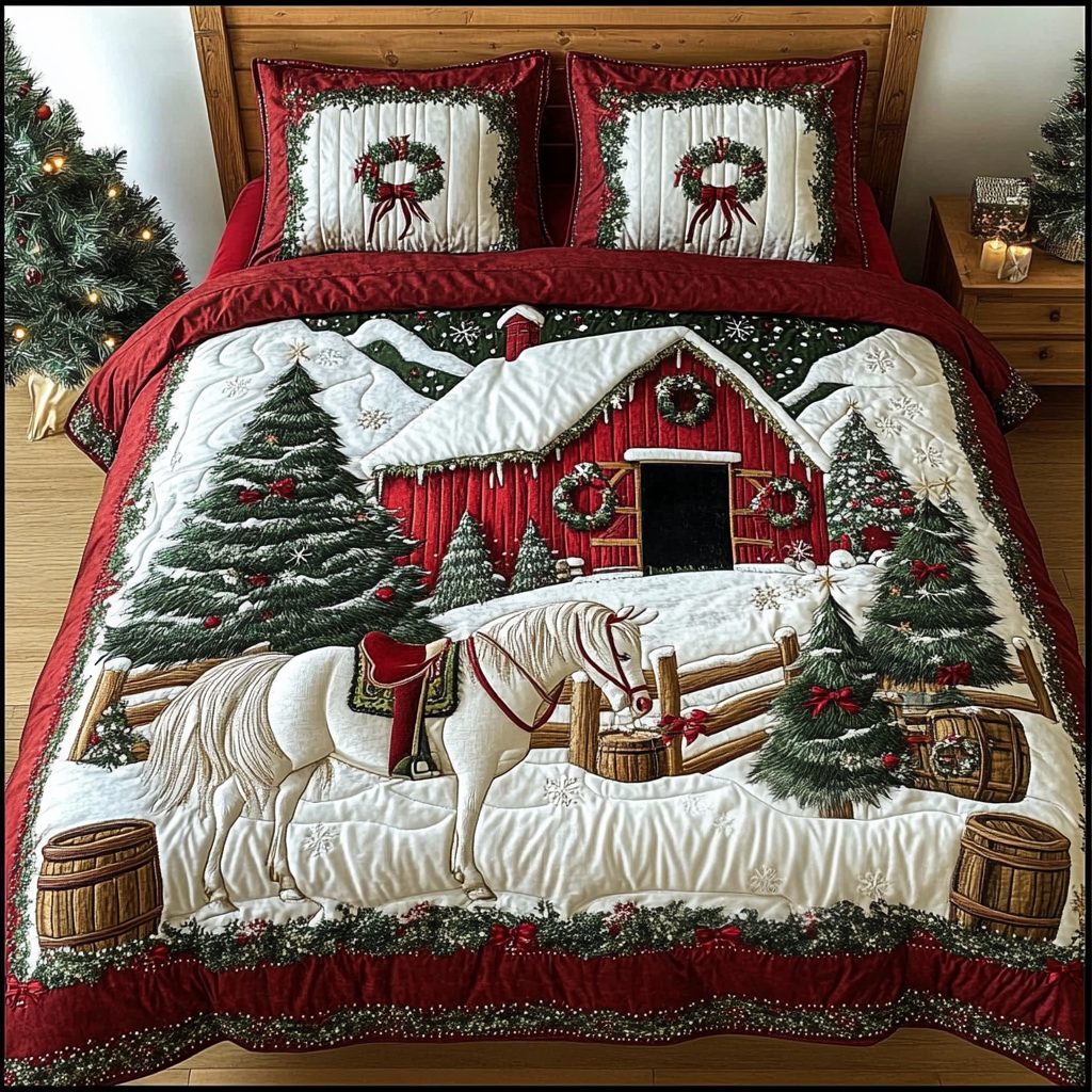 Forest Companions quilted 3-piece bedding set on a made bed with two matching pillow shams