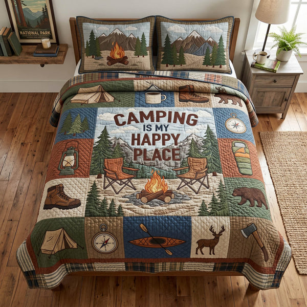 Forest Companions quilted 3-piece bedding set on a made bed with two matching pillow shams