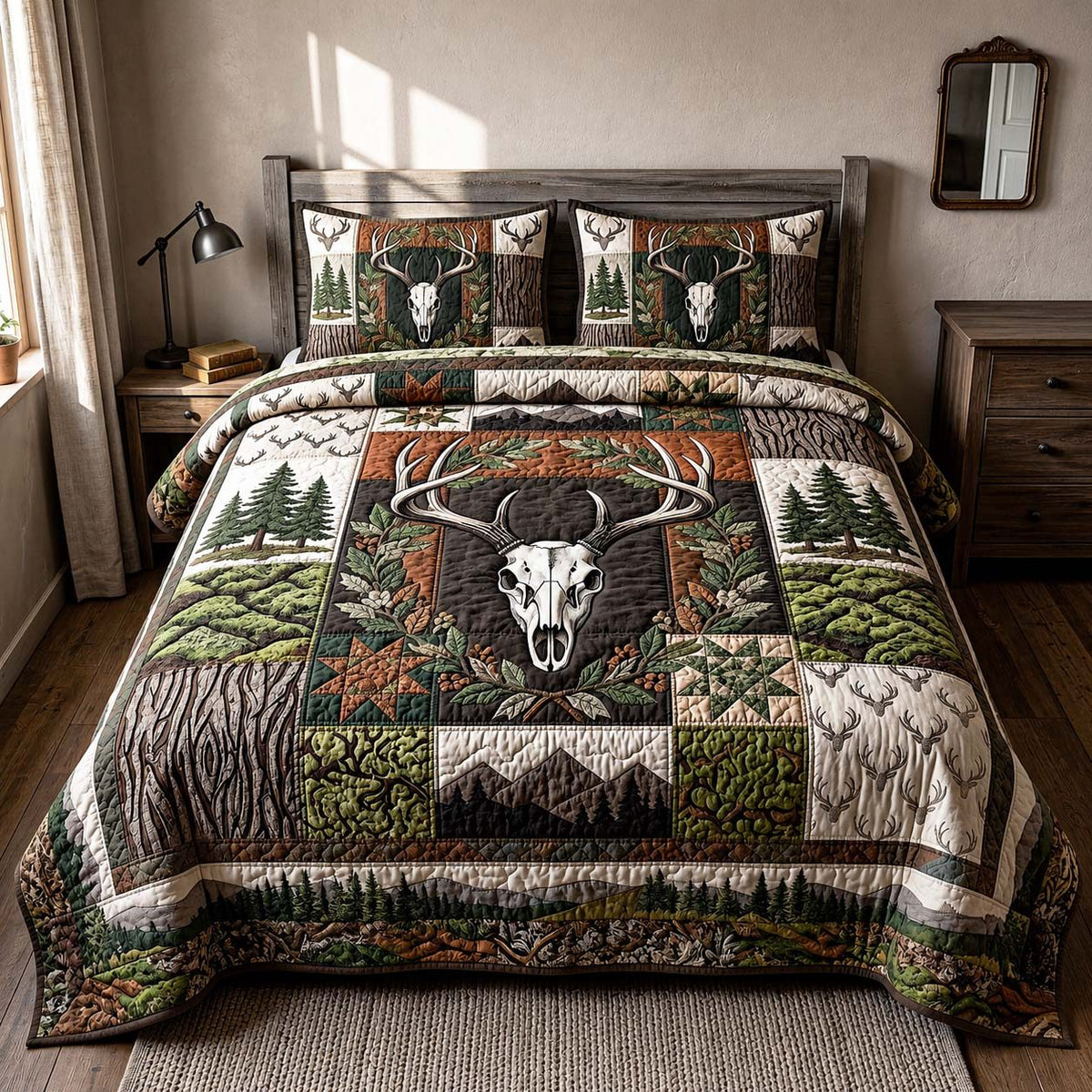 Forest Crest quilted 3-piece bedding set on a made bed with two matching pillow shams