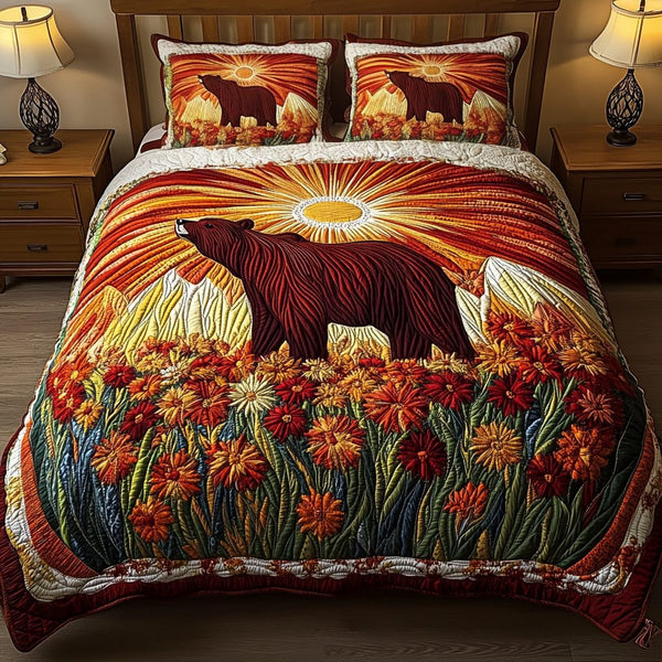 Forest Dawn quilted 3-piece bedding set on a made bed with two matching pillow shams