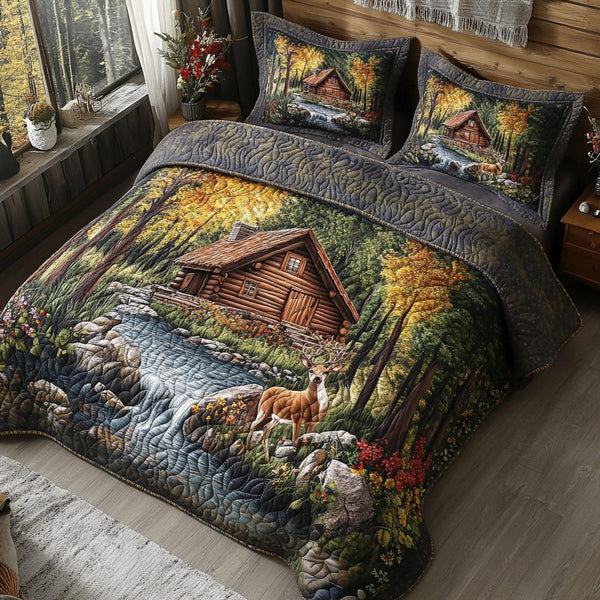 Forest Deer Lodge quilted 3-piece bedding set on a made bed with two matching pillow shams