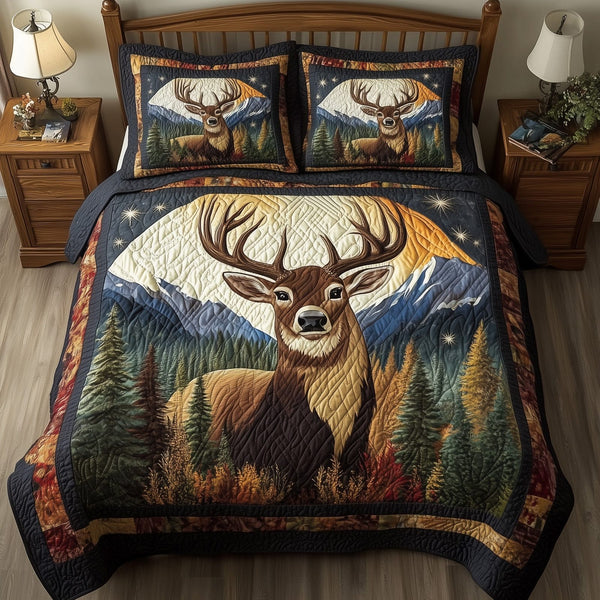 Forest Deer quilted 3-piece bedding set on a made bed with two matching pillow shams
