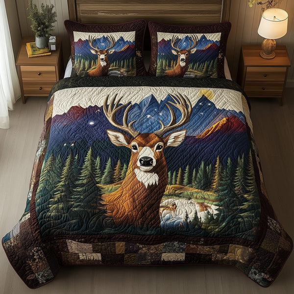 Forest Deer quilted 3-piece bedding set on a made bed with two matching pillow shams