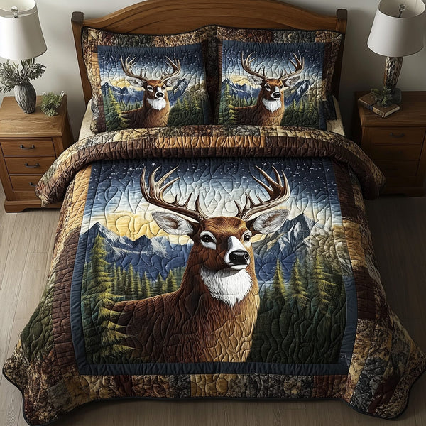 Forest Deer quilted 3-piece bedding set on a made bed with two matching pillow shams