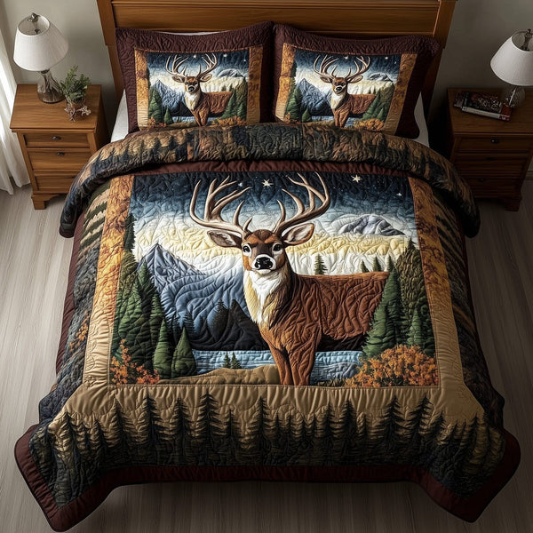 Forest Deer quilted 3-piece bedding set on a made bed with two matching pillow shams