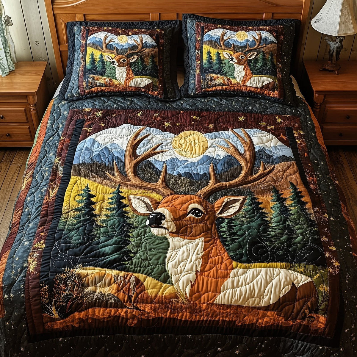 Forest Deer quilted 3-piece bedding set on a made bed with two matching pillow shams