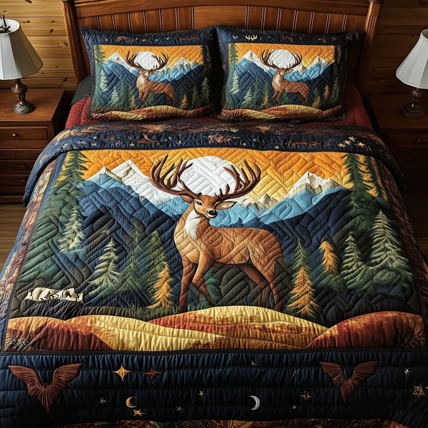 Forest Deer quilted 3-piece bedding set on a made bed with two matching pillow shams