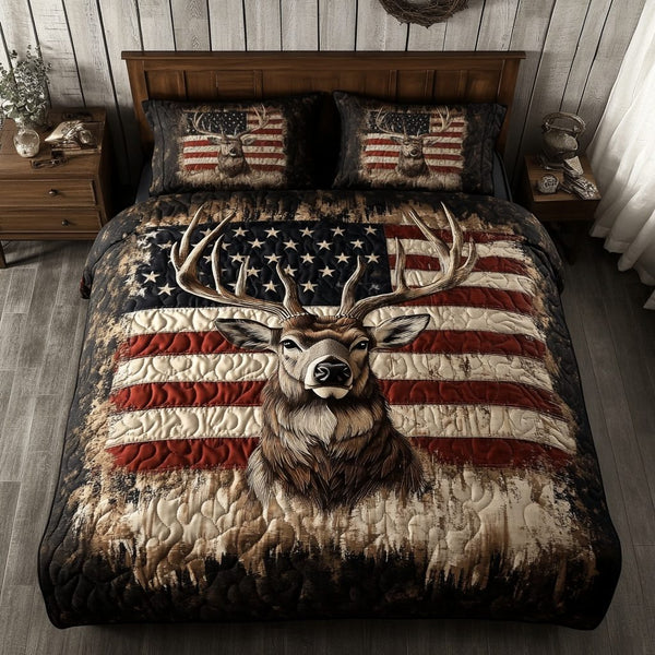 Forest Deer quilted 3-piece bedding set on a made bed with two matching pillow shams