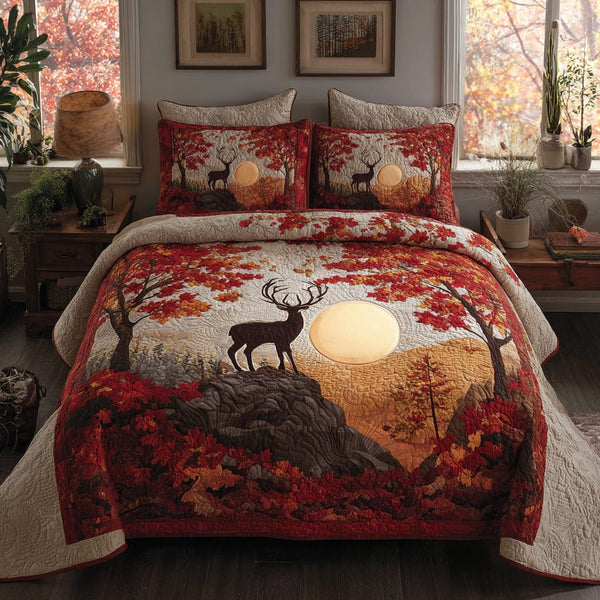 Forest Deer quilted 3-piece bedding set on a made bed with two matching pillow shams