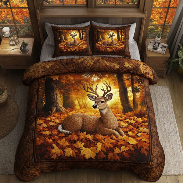 Forest Deer quilted 3-piece bedding set on a made bed with two matching pillow shams