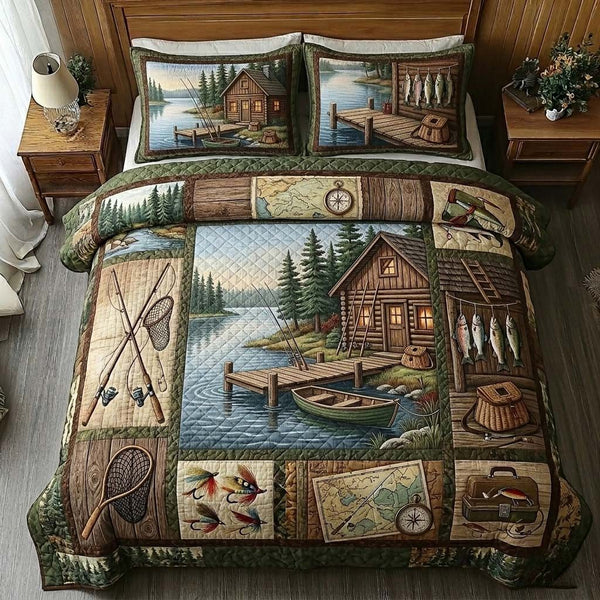 Forest Dock quilted 3-piece bedding set on a made bed with two matching pillow shams