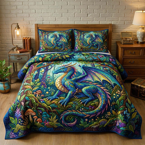 Forest Dragon quilted 3-piece bedding set on a made bed with two matching pillow shams