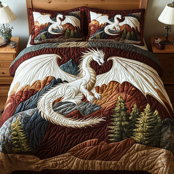 Forest Dragon quilted 3-piece bedding set on a made bed with two matching pillow shams