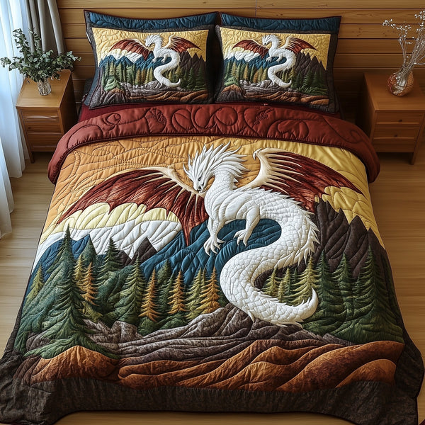Forest Dragon quilted 3-piece bedding set on a made bed with two matching pillow shams