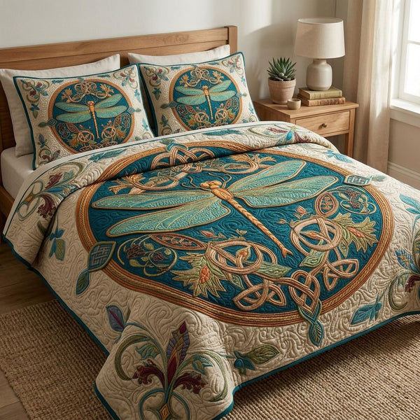 Forest Dragonfly quilted 3-piece bedding set on a made bed with two matching pillow shams