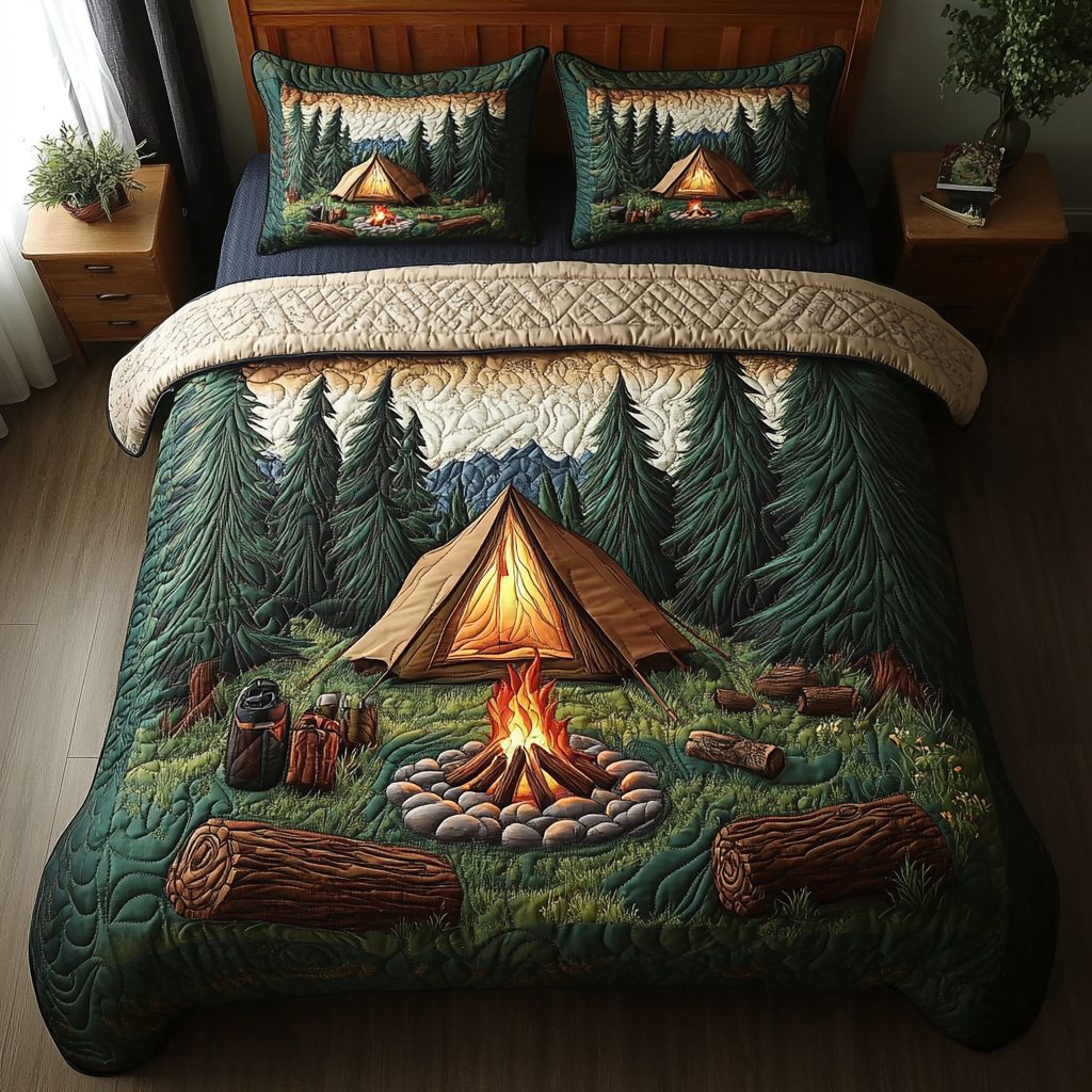 Forest Dreams quilted 3-piece bedding set on a made bed with two matching pillow shams