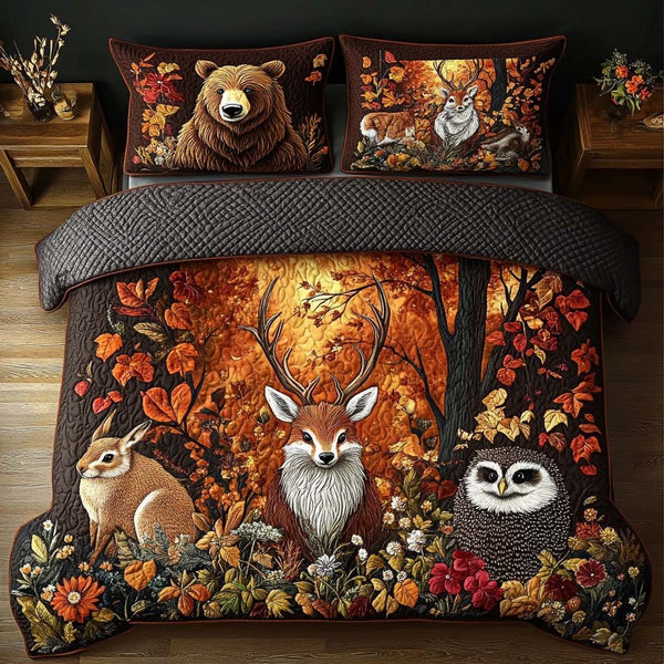 Forest Dreamscape quilted 3-piece bedding set on a made bed with two matching pillow shams