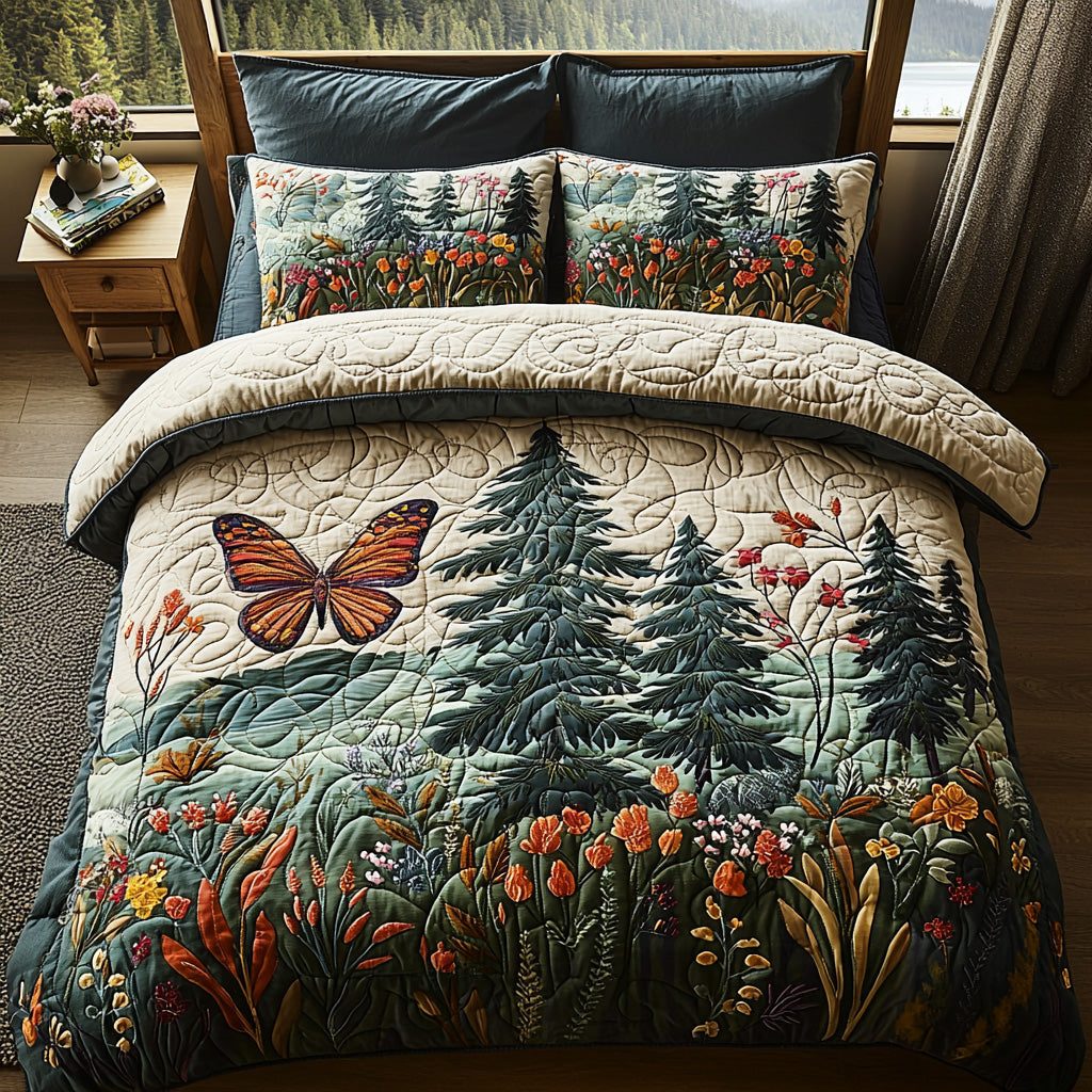 Forest Echo quilted 3-piece bedding set on a made bed with two matching pillow shams