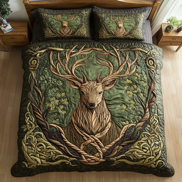 Forest Elegance quilted 3-piece bedding set on a made bed with two matching pillow shams