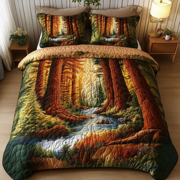 Forest Embrace quilted 3-piece bedding set on a made bed with two matching pillow shams