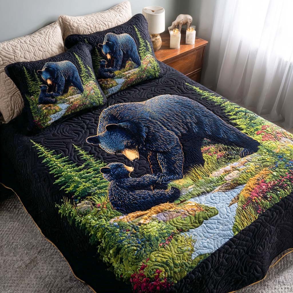 Forest Embrace quilted 3-piece bedding set on a made bed with two matching pillow shams