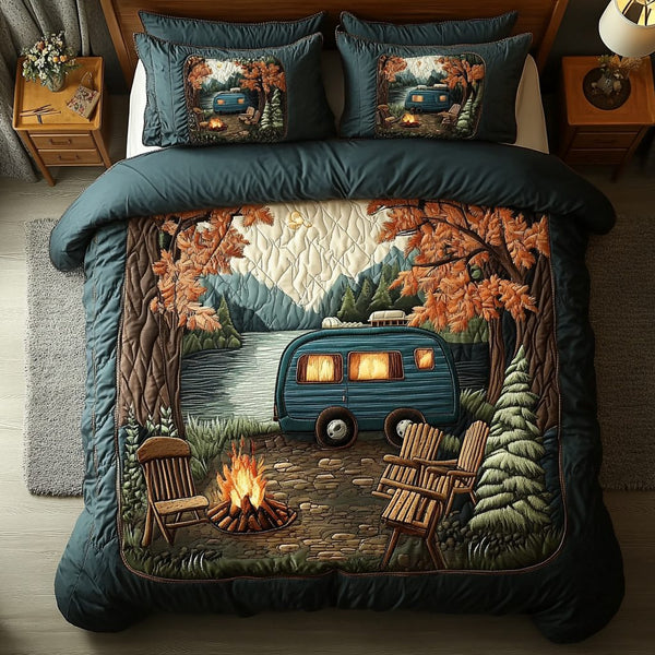 Forest Escape quilted 3-piece bedding set on a made bed with two matching pillow shams
