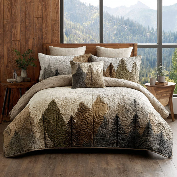Forest Escape quilted 3-piece bedding set on a made bed with two matching pillow shams