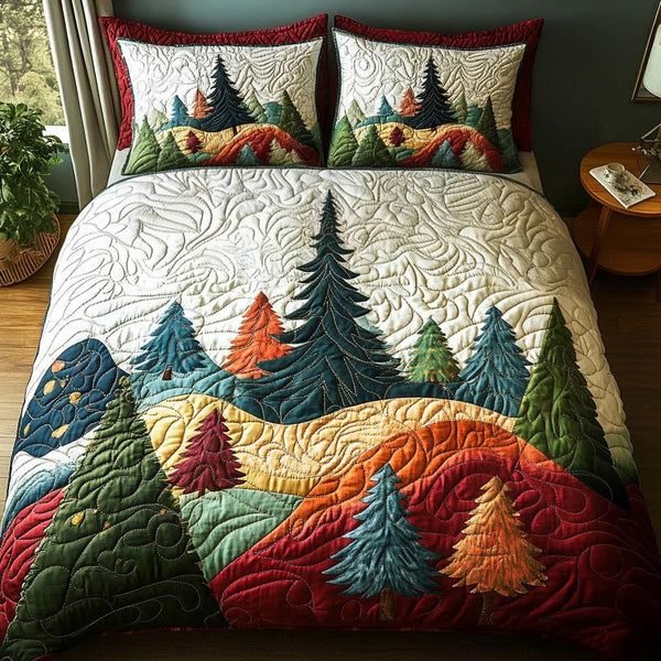 Forest Escape quilted 3-piece bedding set on a made bed with two matching pillow shams