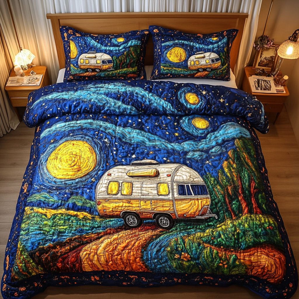 Forest Escape quilted 3-piece bedding set on a made bed with two matching pillow shams