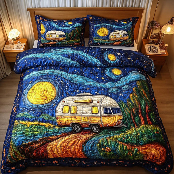 Forest Escape quilted 3-piece bedding set on a made bed with two matching pillow shams
