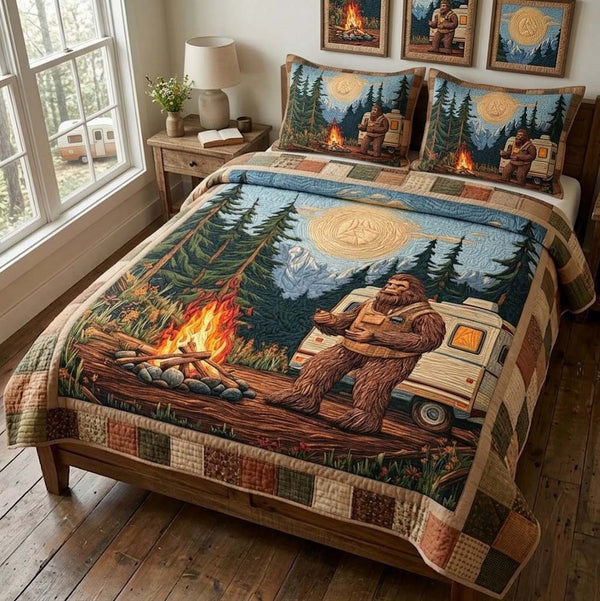 Forest Escape quilted 3-piece bedding set on a made bed with two matching pillow shams