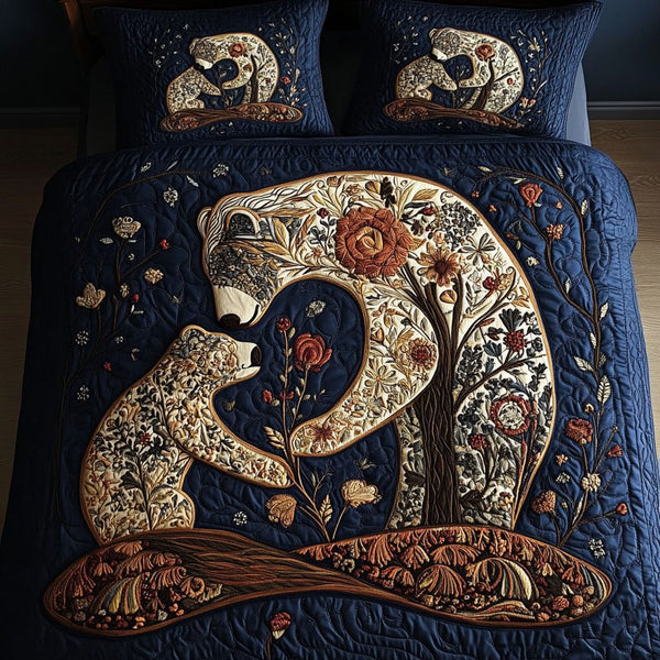 Forest Family quilted 3-piece bedding set on a made bed with two matching pillow shams