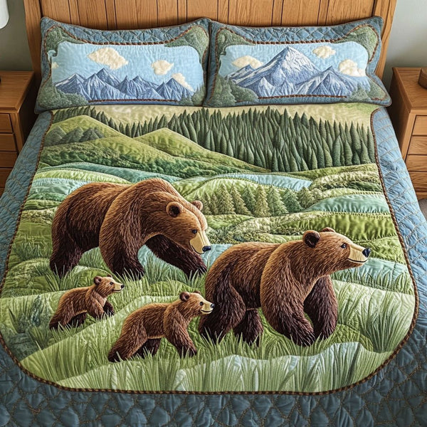 Forest Family quilted 3-piece bedding set on a made bed with two matching pillow shams