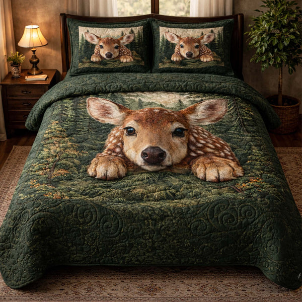 Forest Fawn quilted 3-piece bedding set on a made bed with two matching pillow shams