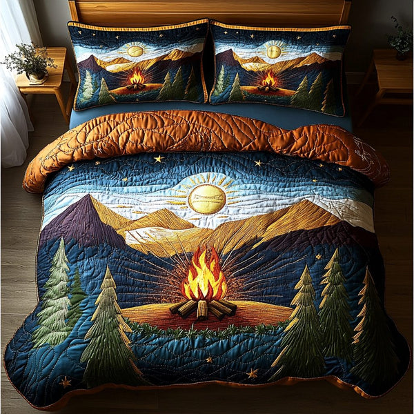 Forest Fire quilted 3-piece bedding set on a made bed with two matching pillow shams