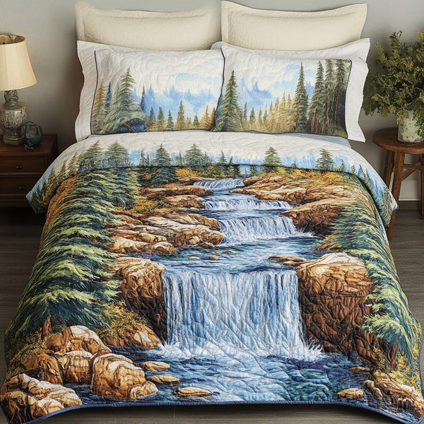 Forest Flow quilted 3-piece bedding set on a made bed with two matching pillow shams
