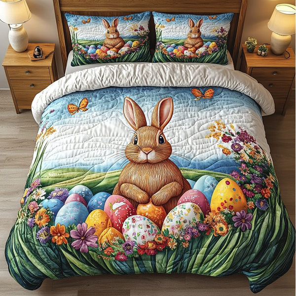 Forest Fluff quilted 3-piece bedding set on a made bed with two matching pillow shams