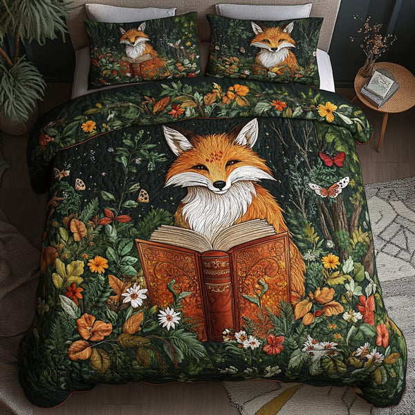 Forest Fox quilted 3-piece bedding set on a made bed with two matching pillow shams