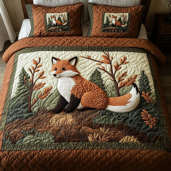 Forest Fox quilted 3-piece bedding set on a made bed with two matching pillow shams