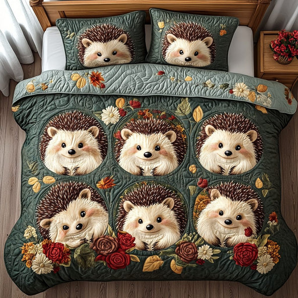 Forest Friend quilted 3-piece bedding set on a made bed with two matching pillow shams
