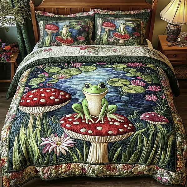 Forest Friend quilted 3-piece bedding set on a made bed with two matching pillow shams