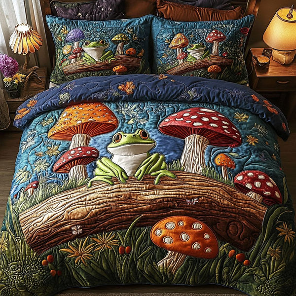 Forest Friends quilted 3-piece bedding set on a made bed with two matching pillow shams