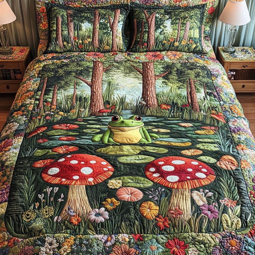 Forest Frog quilted 3-piece bedding set on a made bed with two matching pillow shams