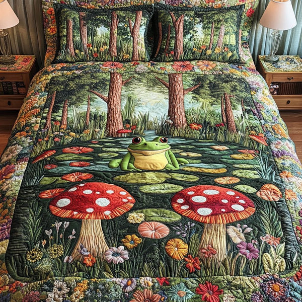 Forest Frog quilted 3-piece bedding set on a made bed with two matching pillow shams