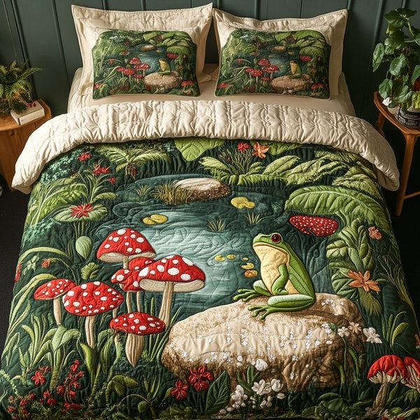 Forest Frolic quilted 3-piece bedding set on a made bed with two matching pillow shams