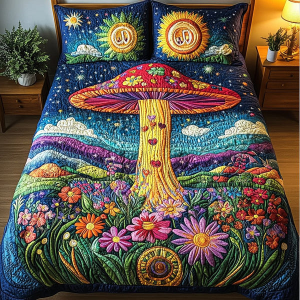 Forest Fungi quilted 3-piece bedding set on a made bed with two matching pillow shams
