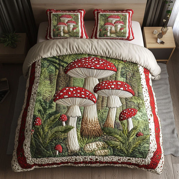 Forest Fungi quilted 3-piece bedding set on a made bed with two matching pillow shams