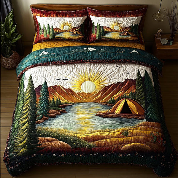 Forest Getaway quilted 3-piece bedding set on a made bed with two matching pillow shams